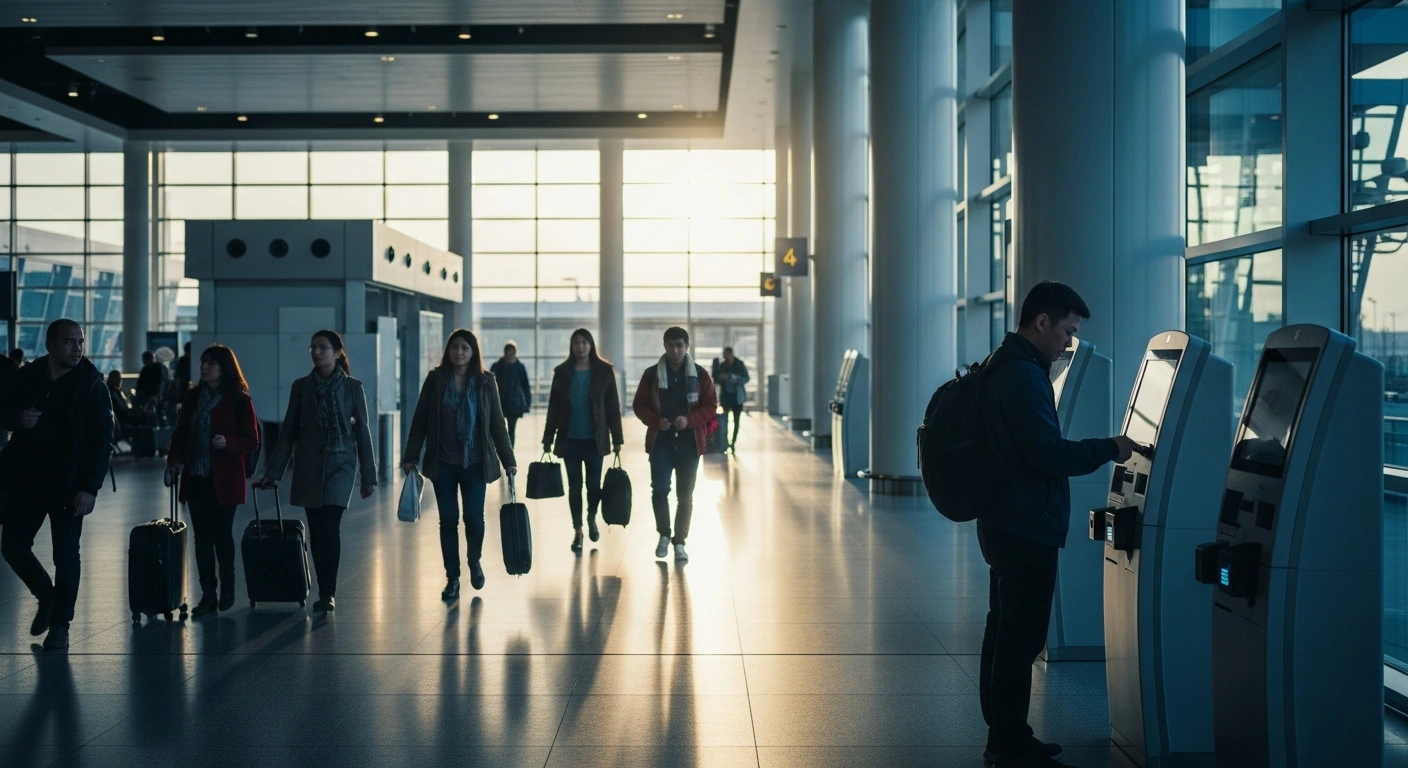 A traveler uses a modern digital kiosk at a Chinese airport to process a departure tax refund for international visitors.