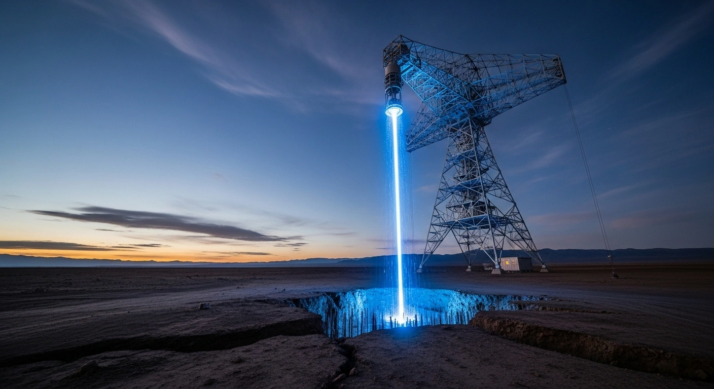 A colossal, futuristic electromagnetic antenna stands on a desolate landscape, emitting a powerful blue energy beam that plunges deep into the earth, symbolizing China's advanced search for critical minerals like lithium, cobalt, and rare earths underground.