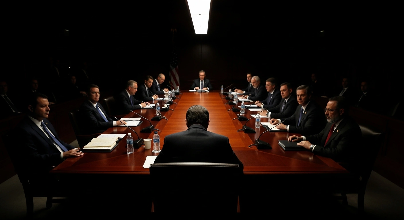 A powerful, low-key photograph depicts a solemn meeting of China's Political Bureau, led by a central figure, at a long, polished table, symbolizing their commitment to combating corruption and rigorous Party self-governance as outlined for the 15th Five-Year Plan.