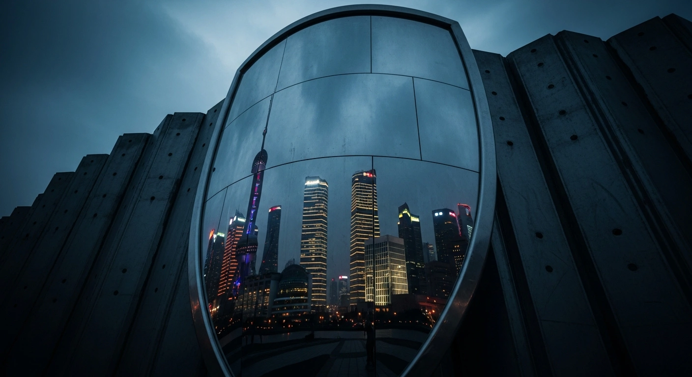 A symbolic metallic shield stands in front of a modern Chinese cityscape to represent the implementation of the Anti-Foreign Sanctions Law.