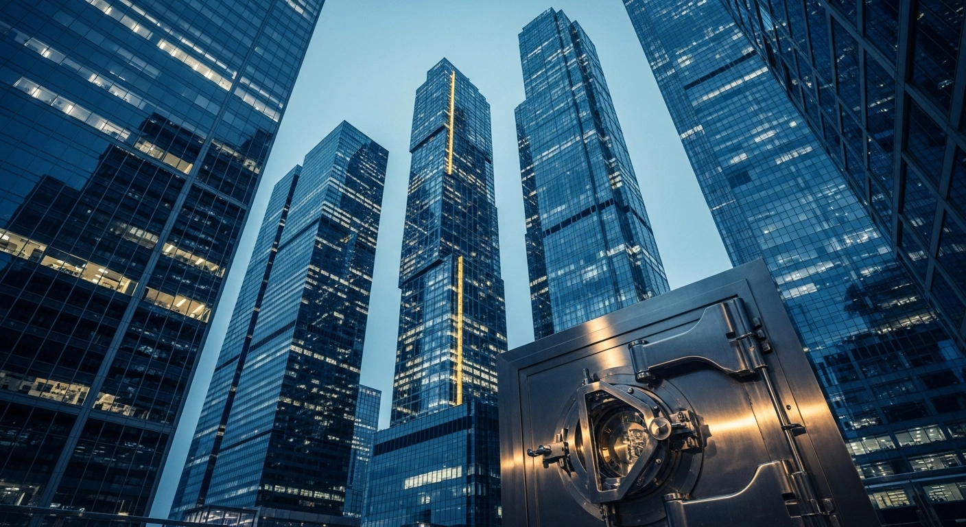 A modern financial district skyline serves as the backdrop for a symbolic, secure vault door representing China's updated anti-money laundering regulations.