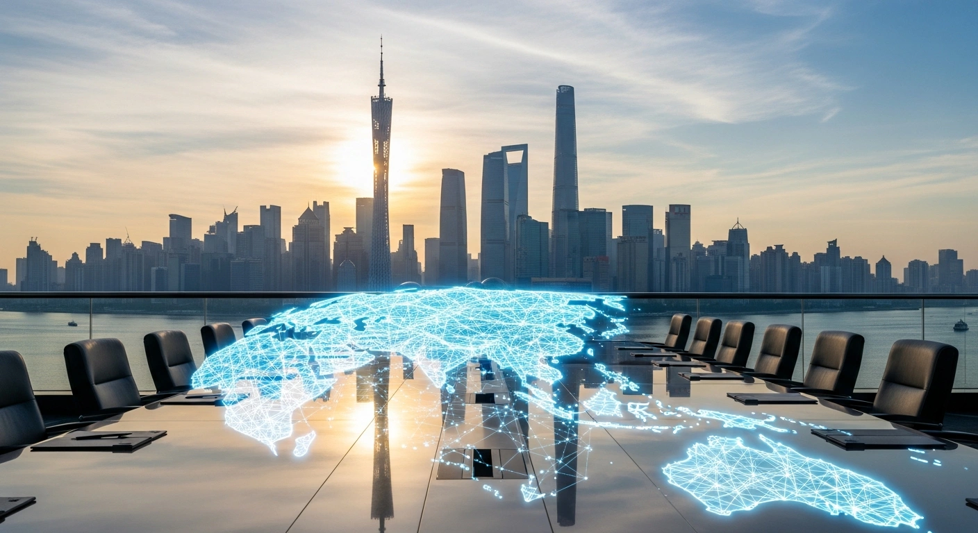 A cinematic wide shot of the Guangzhou skyline at dawn, featuring the iconic Canton Tower, with a glowing holographic map of the Asia-Pacific region reflected on a modern conference table in the foreground, symbolizing China hosting the APEC Senior Officials' Meeting focused on regional cooperation and prosperity.