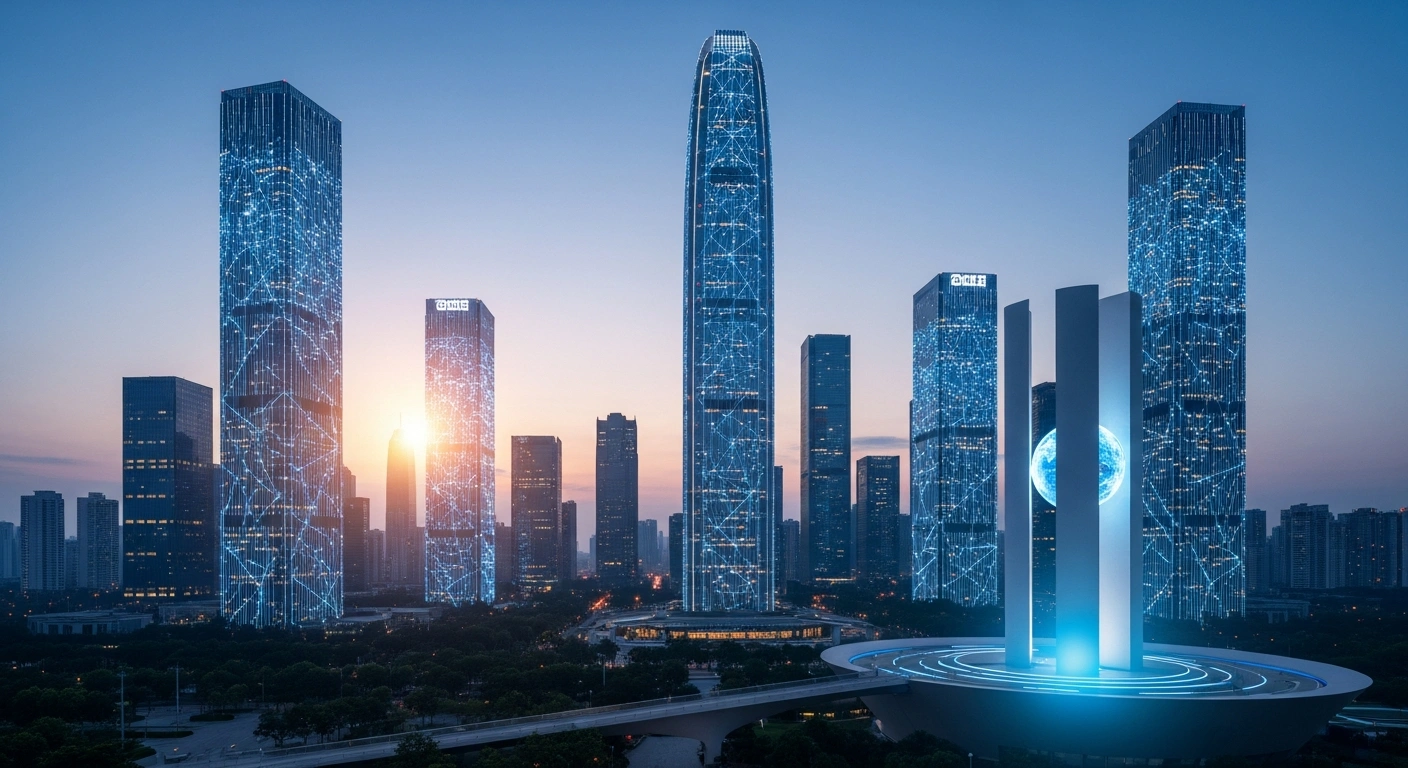 A wide-angle, futuristic cityscape of Shenzhen at twilight, featuring towering skyscrapers with integrated digital light patterns symbolizing global digital cooperation and artificial intelligence, reflecting China's role in hosting the 2026 APEC Economic Leaders' Meeting and promoting AI governance.