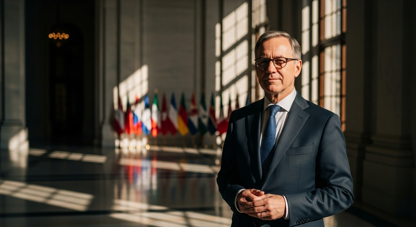 A formal diplomat stands in a grand hall representing the Chinese government during a diplomatic appointment process.