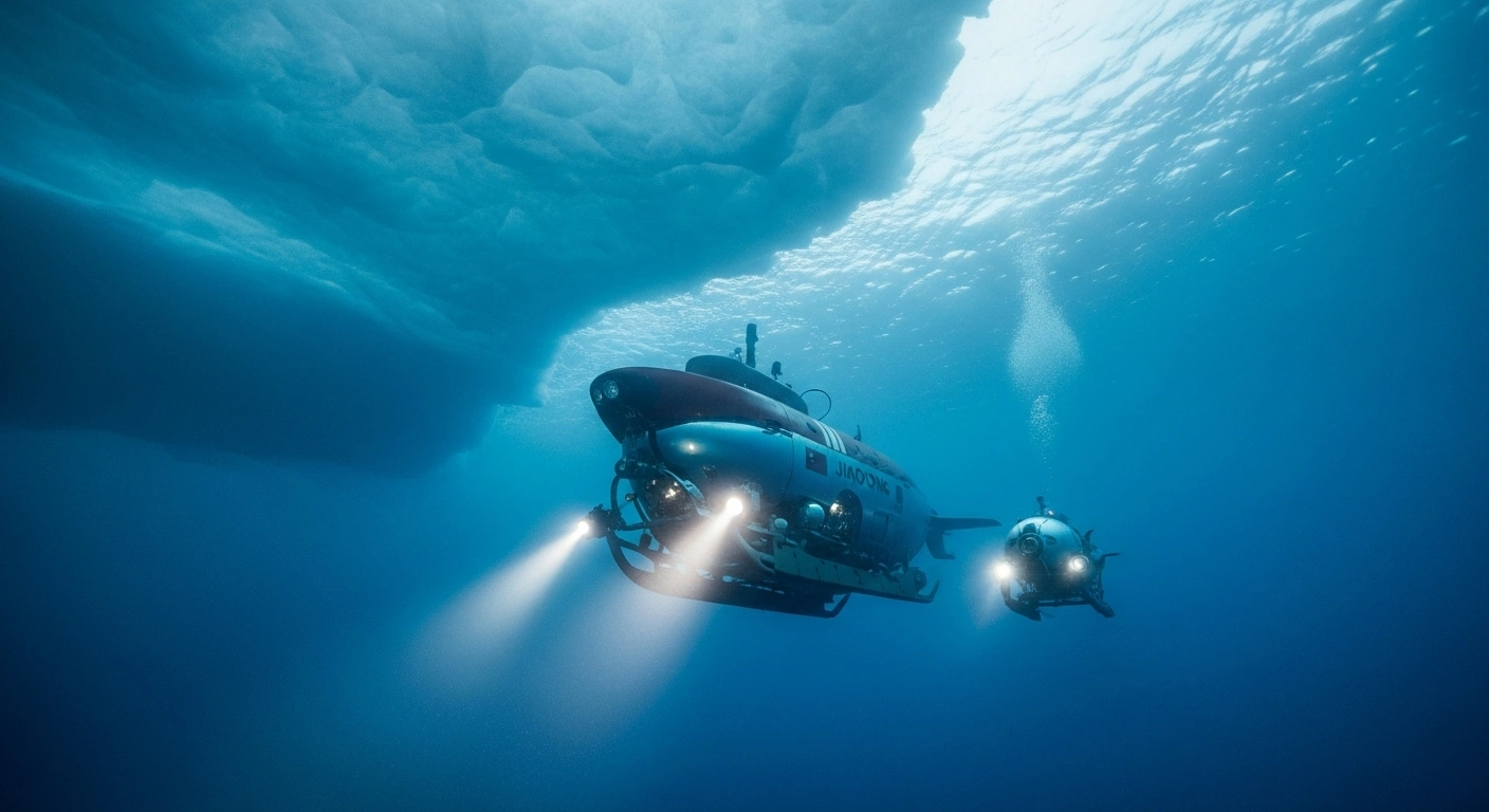 A sleek Chinese Jiaolong submersible and a smaller uncrewed vehicle are illuminated by their lights deep beneath the Arctic polar ice, showcasing China's first manned deep dive and coordinated submersible operation during its 15th Arctic scientific expedition.