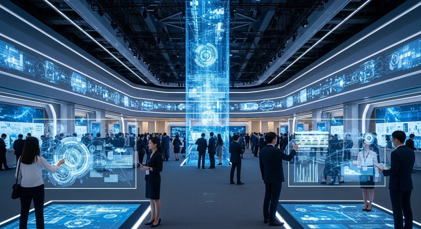 A futuristic convention hall in Nanning, Guangxi, showcasing the 22nd China-ASEAN Expo and Business and Investment Summit, where diverse professionals interact with holographic displays representing digital intelligence, AI, and regional trade cooperation for CAFTA 3.0.