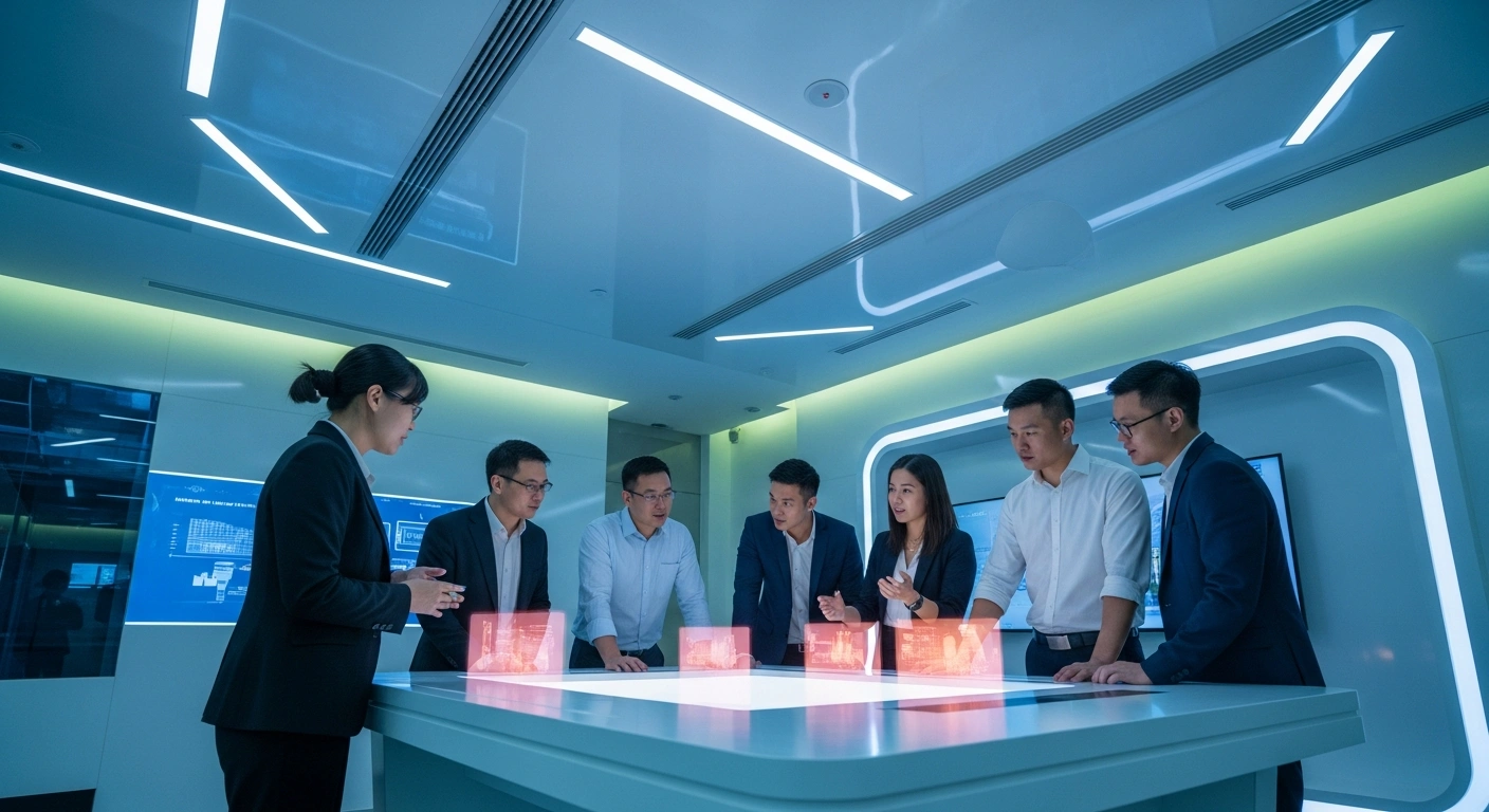 A diverse group of professionals from China and ASEAN countries collaborate around a holographic display table in a modern, brightly lit innovation center, symbolizing their new joint initiative for emerging industries in Shenzhen.