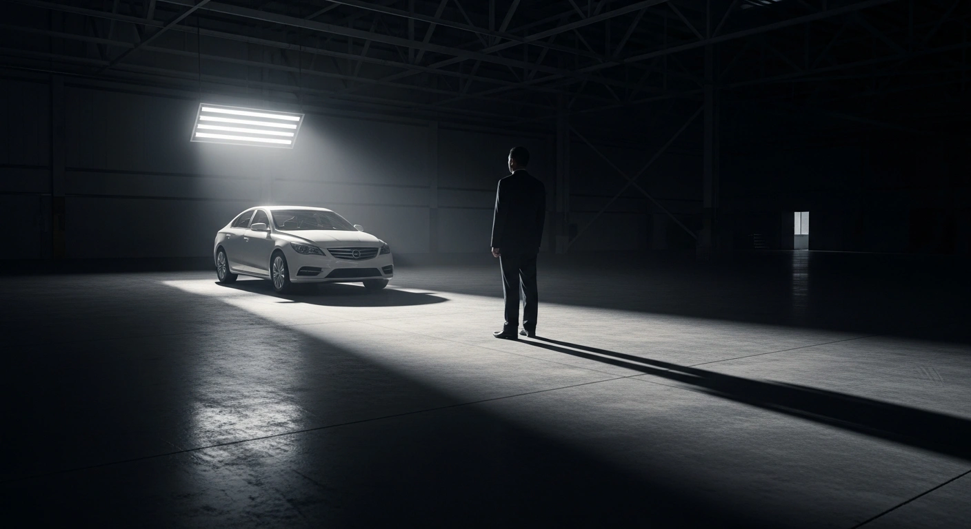 A pristine, newly manufactured car sits under a harsh fluorescent light in a vast, dimly lit factory, representing the impact of China's new guidelines prohibiting automakers from selling vehicles below production cost to curb a fierce price war and address industry losses.