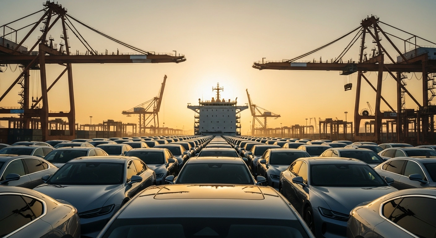 A large cargo ship loaded with new Chinese vehicles departs a busy port to represent the growth of China's automotive exports.