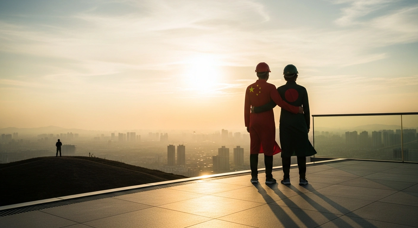 A symbolic image depicting a Chinese representative and a Bangladeshi representative standing together, looking towards a shared future, with a subtle, blurred figure in the distant background representing external influence, illustrating China's commitment to deepening cooperation with Bangladesh despite attempts to undermine their bilateral ties.