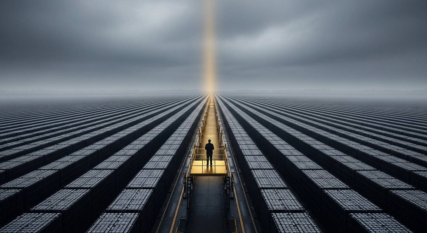 A wide, low-angle shot captures an immense, sprawling industrial landscape under a heavy, overcast sky, showing thousands of identical, newly manufactured battery cells stretching into the hazy distance, with a single beam of golden light illuminating a central, slightly elevated platform where a lone, authoritative figure stands, representing China's Ministry of Industry and Information Technology addressing oversupply and irrational competition in the power and battery energy storage industry.