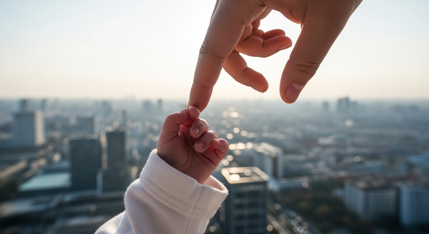 A close-up photograph shows a newborn's hand gently holding an adult's finger, with a blurred modern Chinese cityscape in the background at dawn, symbolizing China's slight increase in births against its overall shrinking population.