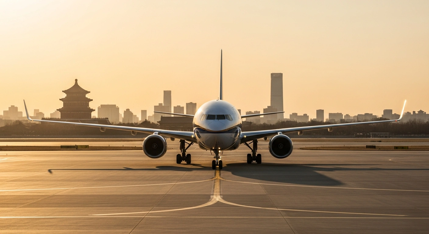 A modern Boeing passenger jet sits on a runway in Beijing, representing a major new aircraft purchase agreement between China and the United States.