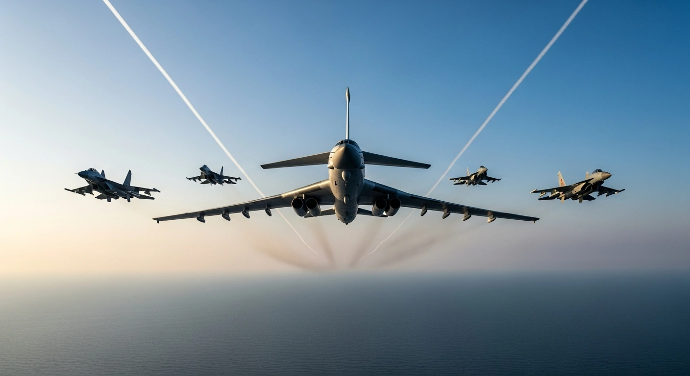 A Chinese military bomber, flanked by two fighter jets, conducts a formation patrol over the disputed South China Sea, symbolizing China's response to recent joint maritime drills by the Philippines, U.S., and Japan amid escalating regional tensions.
