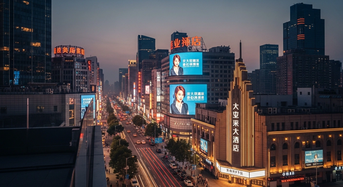 A vibrant, neon-lit modern Chinese city skyline at dusk, featuring a grand cinema marquee, symbolizes China's box office revenue exceeding North America's, driven by the Spring Festival holiday and films like 'Pegasus 3'.