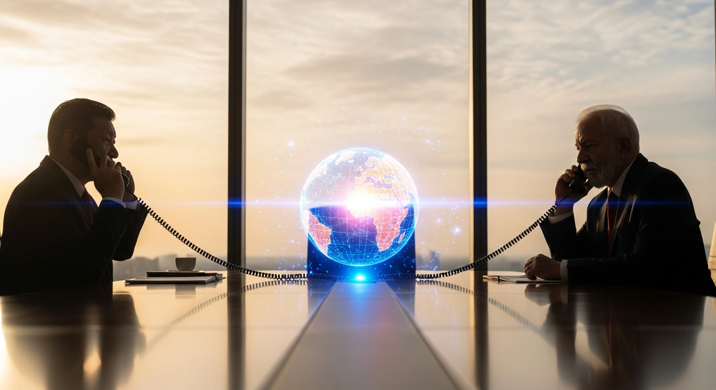 A wide, cinematic image depicts two silhouetted figures, representing Chinese President Xi Jinping and Brazilian President Luiz Inácio Lula da Silva, on opposite sides of a conference table, each holding a phone, with a glowing, fractured holographic globe between them that emphasizes the United Nations' role and the interests of the Global South, symbolizing their phone call to deepen bilateral cooperation and discuss Brazil's visa exemption.