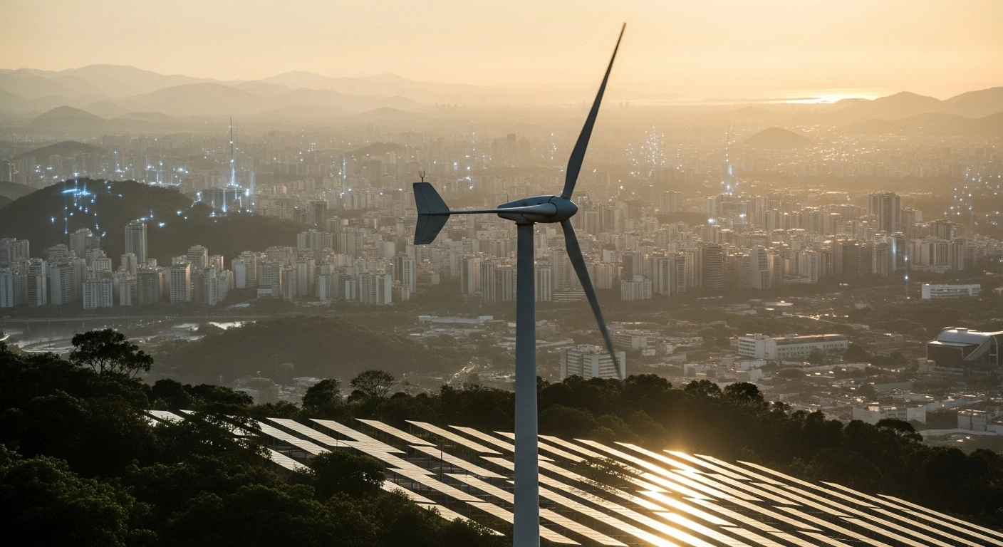 A wide, elevated shot of a vibrant Brazilian city skyline at dusk, with modern wind turbines and solar panels in the foreground, symbolizing the significant Chinese investments boosting Brazil's technology, renewable energy, and manufacturing sectors.