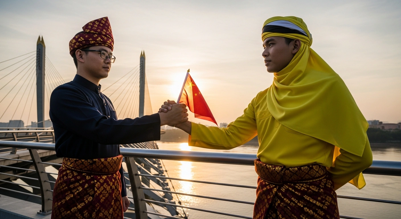 Two figures, one representing China and the other Brunei, are depicted shaking hands on a modern bridge at sunset, symbolizing the strengthening cooperation and advancement of a China-Brunei community with a shared future discussed by a Chinese delegation visiting Brunei.