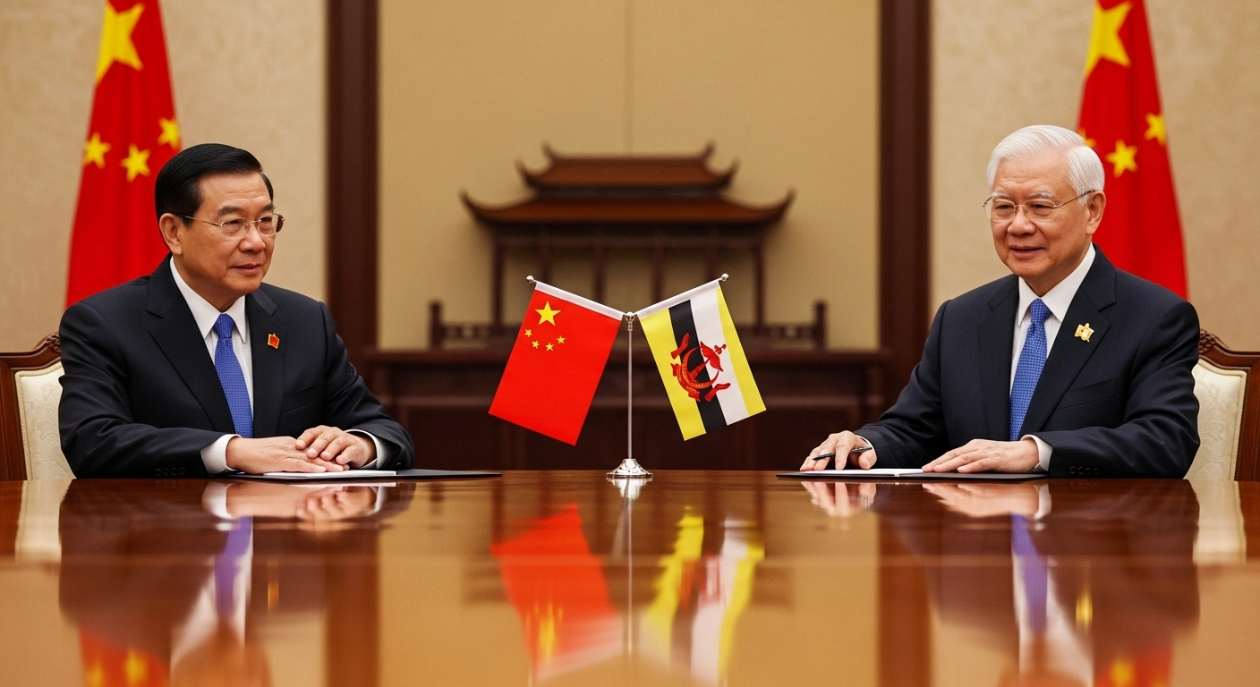 Two prominent diplomatic figures, representing China and Brunei, are formally seated at a polished dark wood table under warm, golden light, symbolizing strengthened cooperation and a shared future between the two nations.