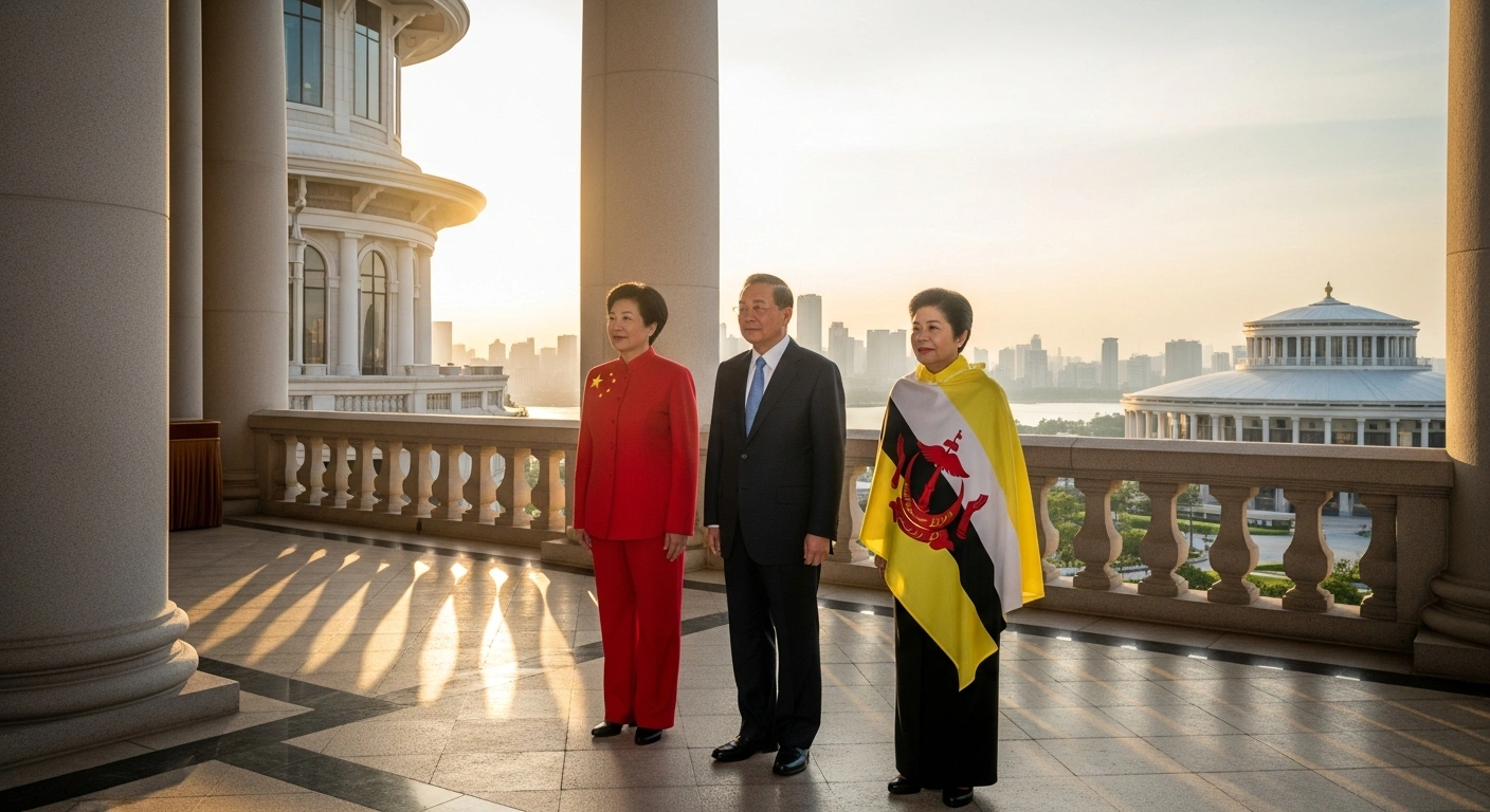 Two prominent leaders, one representing China and the other Brunei, stand side-by-side on a sunlit balcony, symbolizing strengthened cooperation and a shared future between their nations following high-level discussions.
