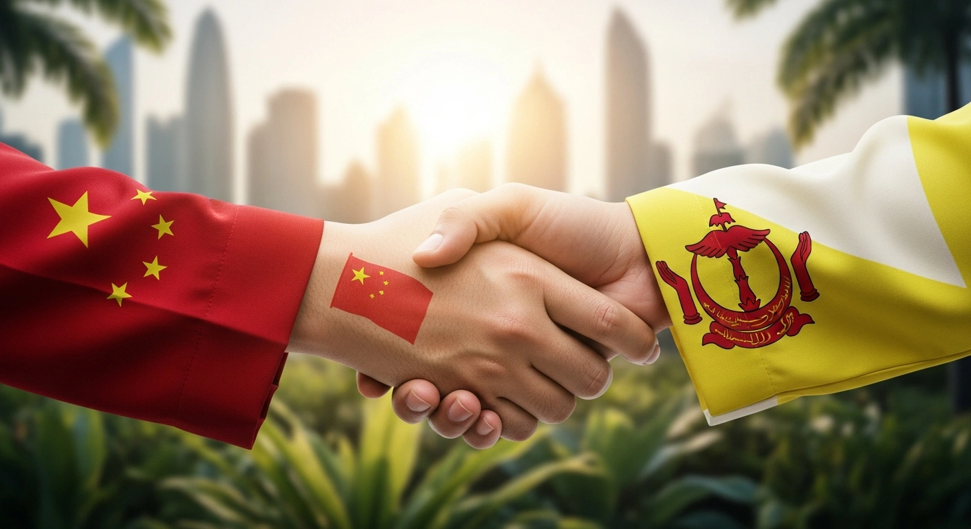 A photorealistic image shows two hands, one subtly representing China and the other Brunei, clasped in a firm handshake against a blurred background of blended modern architecture and tropical foliage, symbolizing strengthened cooperation and a shared future between the two nations.