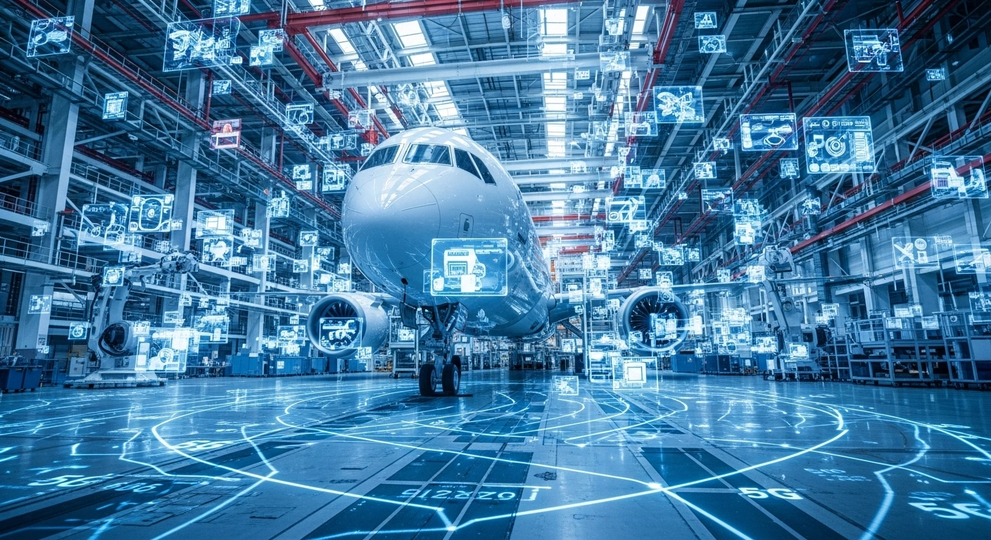 A wide, low-angle shot of a partially constructed C919 passenger jet in a vast, ultra-modern smart factory hangar in Shanghai, surrounded by glowing holographic data projections, robotic arms, and pulsing blue lines symbolizing a 5G-enabled industrial network, illustrating China's advanced aircraft manufacturing with digital twin technology and AI.