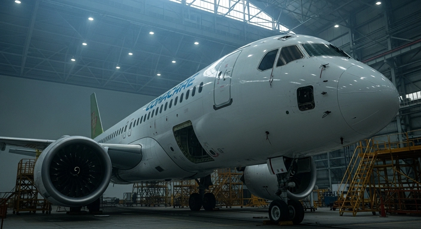 A partially assembled COMAC C919 passenger jet sits in a dimly lit hangar, its missing engine nacelle symbolizing the program's struggles with supply chain bottlenecks and reliance on Western components amid trade tensions.