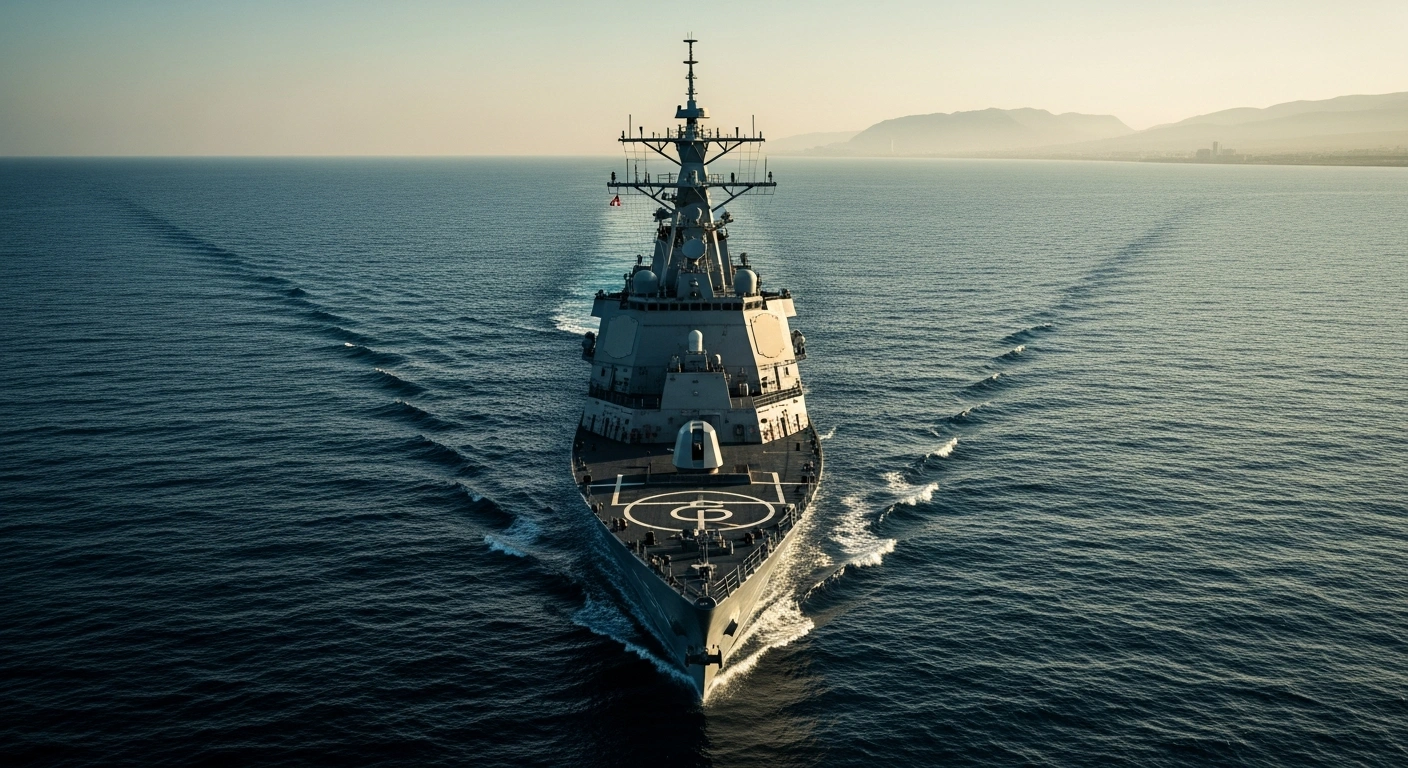 A modern naval destroyer patrols the waters of the Strait of Hormuz during a sunset as China calls for diplomatic de-escalation in the Middle East.