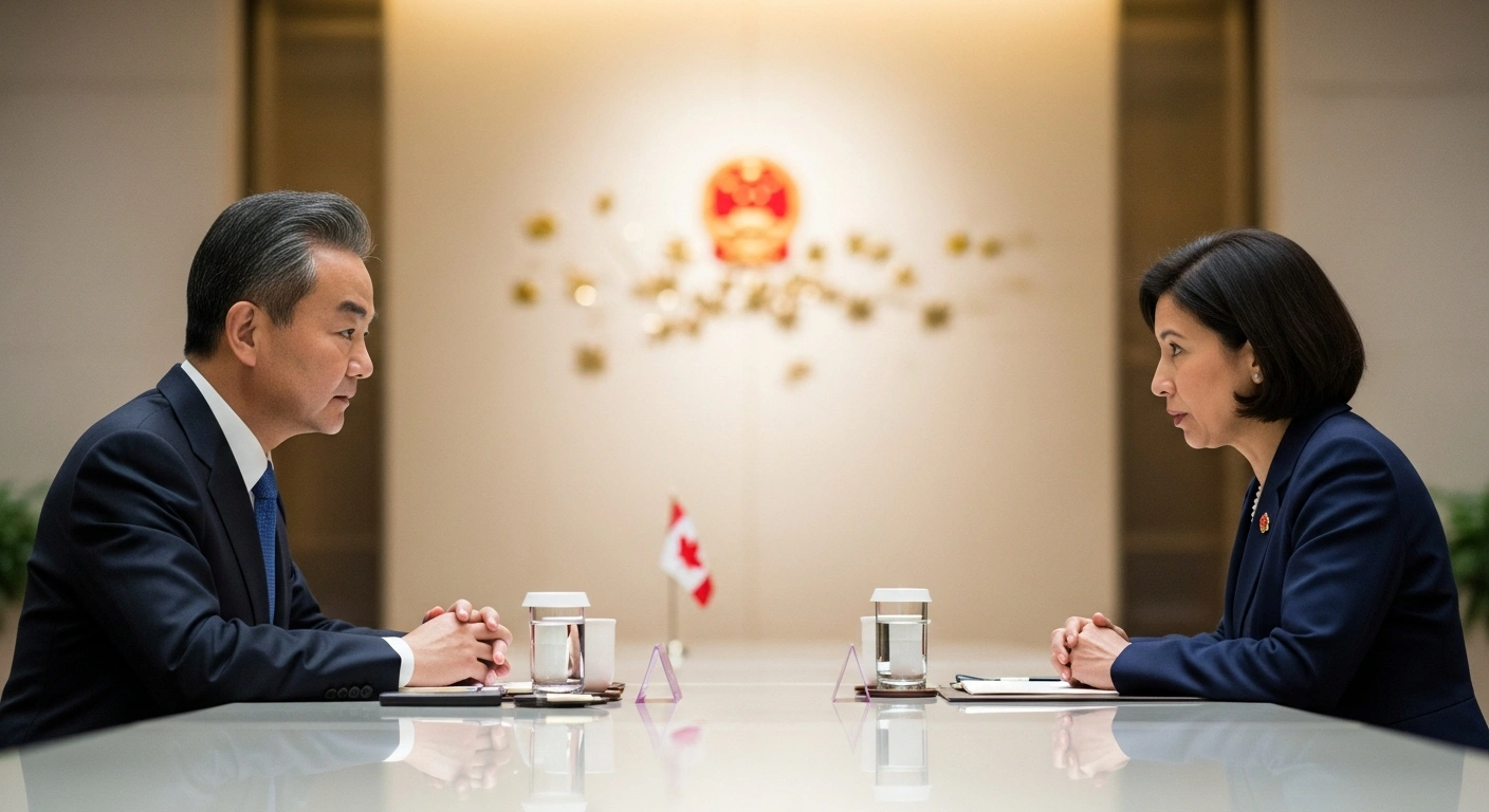 Chinese Foreign Minister Wang Yi and Canadian Foreign Minister Anita Anand are depicted in a formal meeting in Beijing, engaged in high-level talks to strengthen communication, enhance mutual understanding, and explore cooperation, commemorating the 55th anniversary of diplomatic ties between their nations.