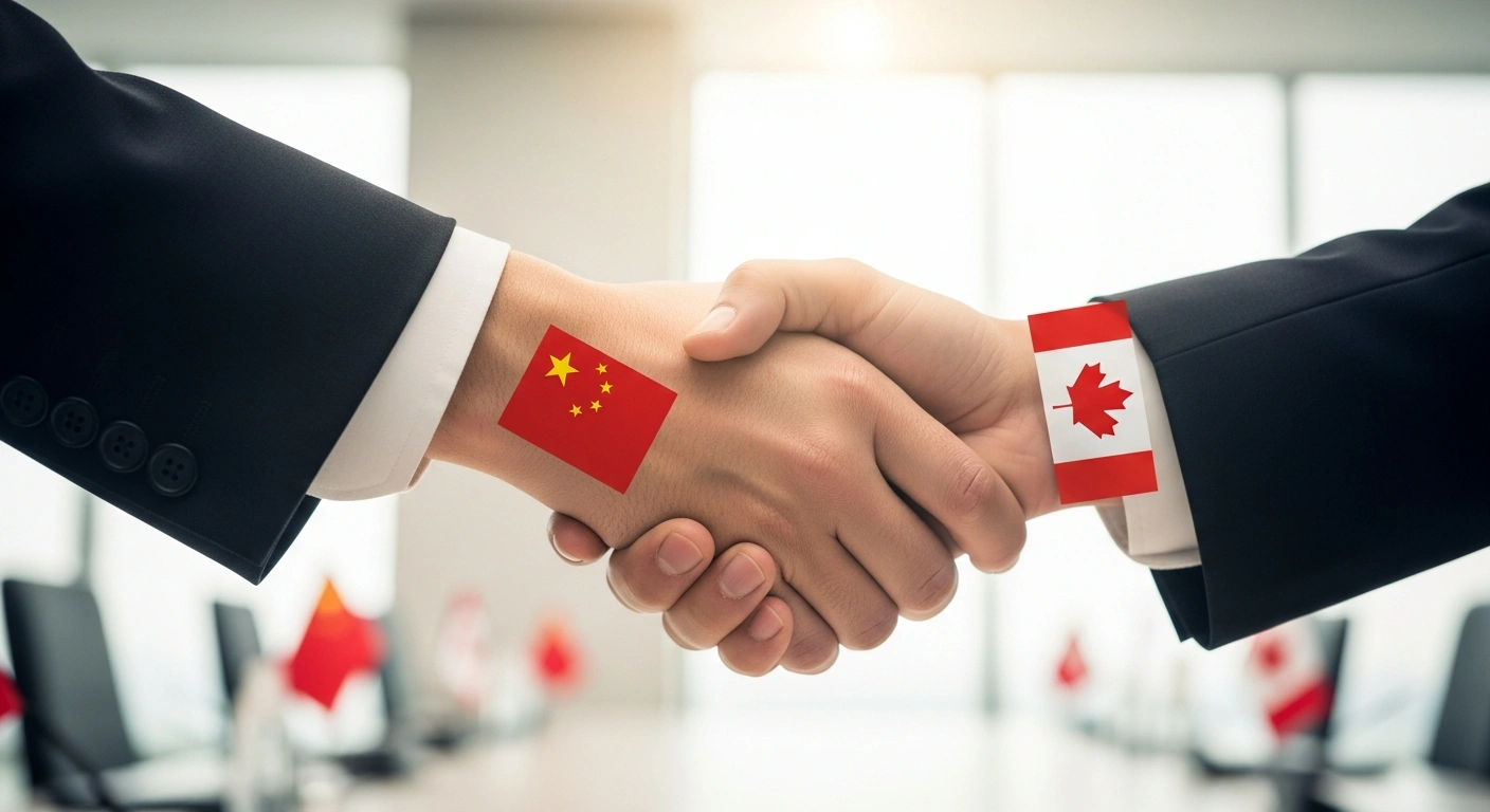 A close-up image shows two hands, one representing China and the other Canada, engaged in a firm handshake, symbolizing diplomatic agreements and cooperation between the two countries.
