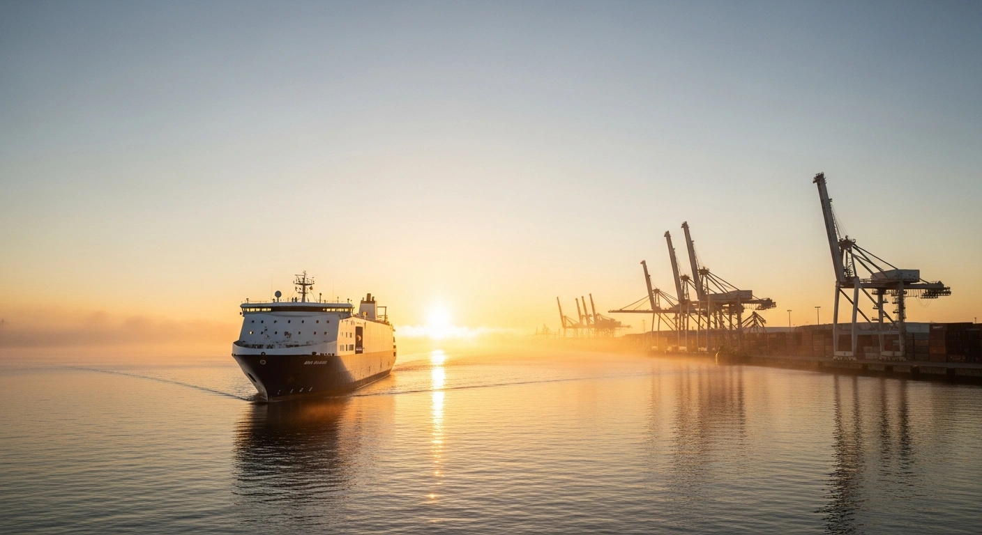 A wide shot of a cargo ship, subtly hinting at Canadian origin, approaching a Chinese port at dawn, symbolizing the suspension of tariffs on Canadian canola meal, peas, lobster, and crab by China, following a trade agreement.