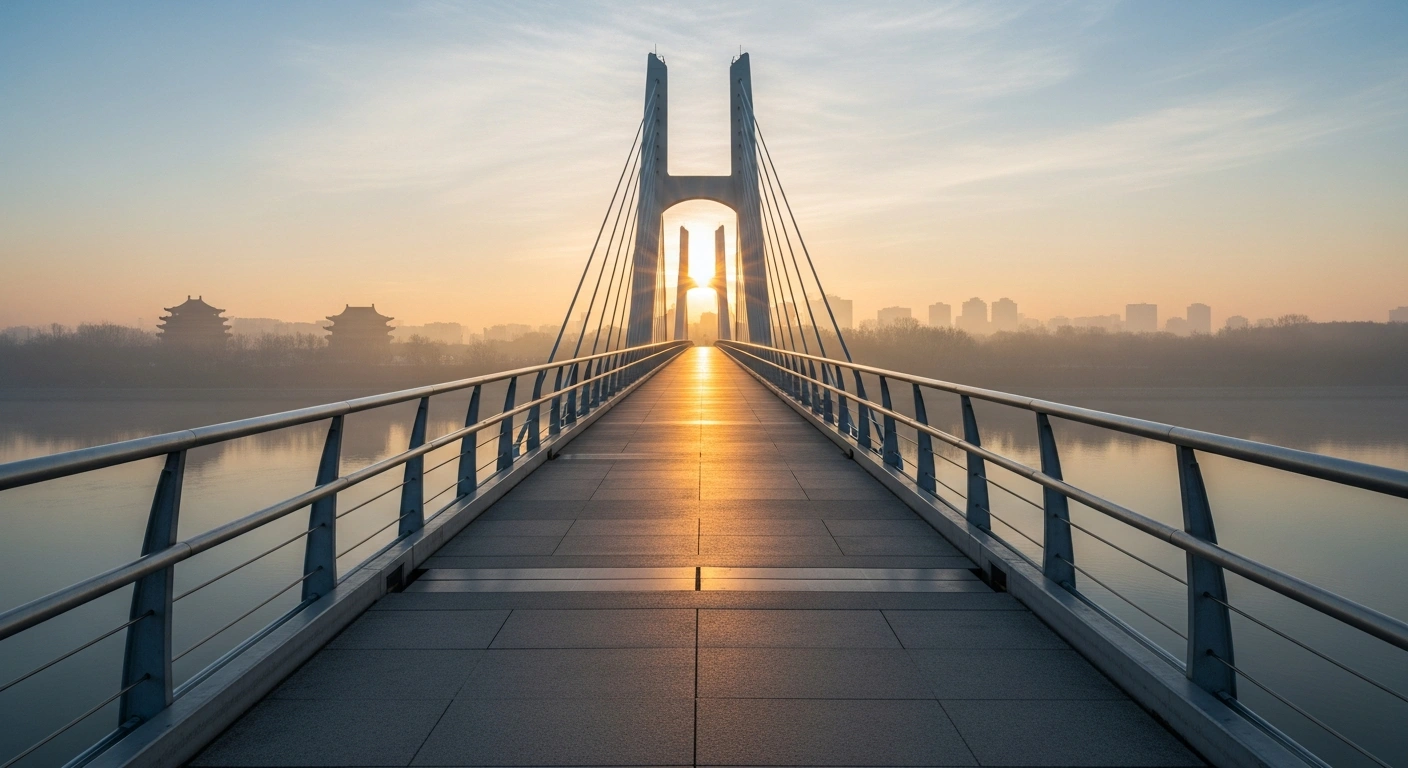 A majestic, modern bridge featuring subtle Chinese and Canadian architectural elements spans a tranquil, mist-shrouded river at golden hour, symbolizing new diplomatic relations, tourism, and trade between China and Canada following the lifting of visa requirements for Canadian tourists and business visitors.