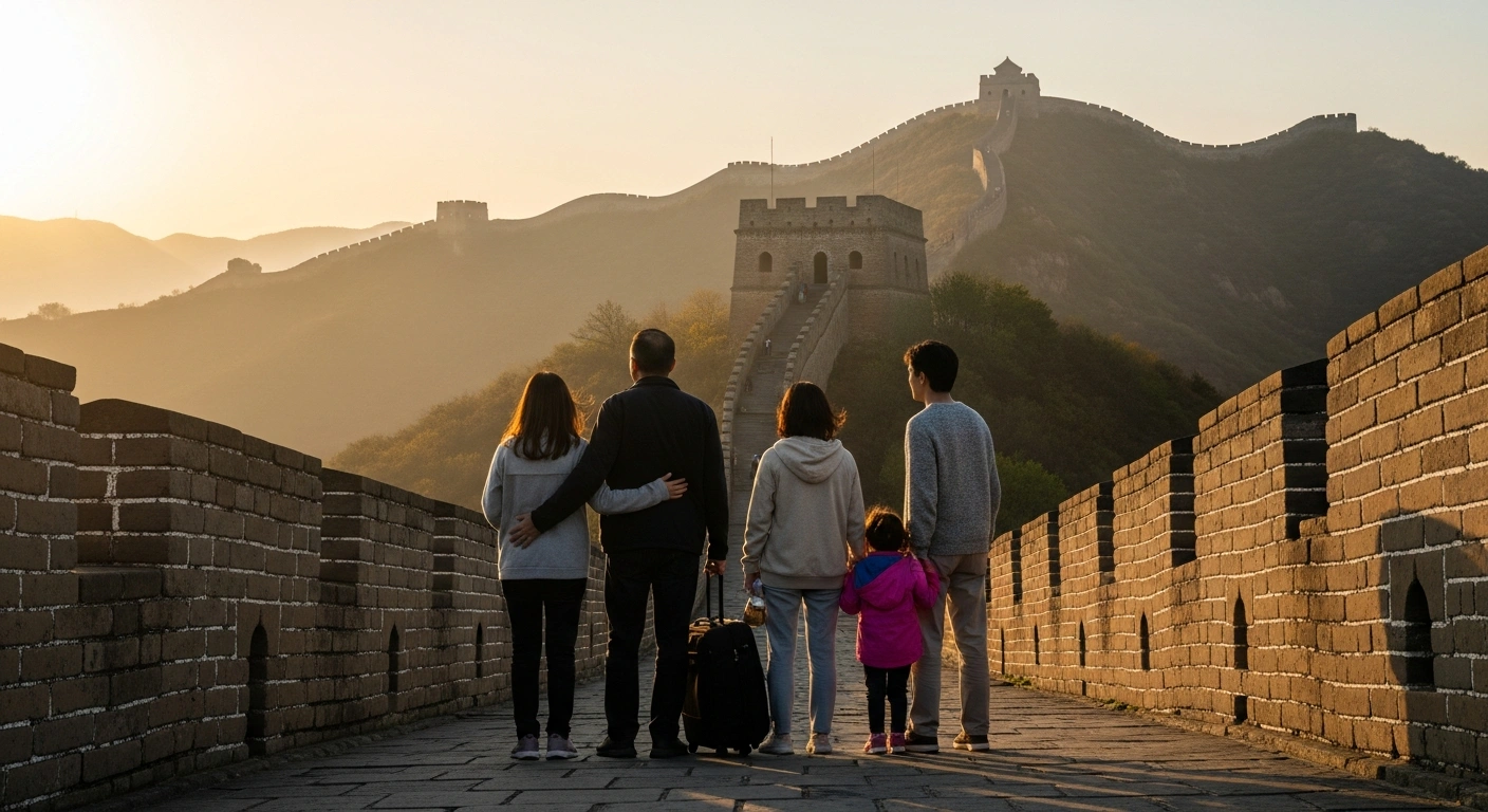A Canadian family stands silhouetted against the Great Wall of China at sunset, symbolizing the recent visa waiver for Canadian citizens traveling to China for tourism, business, and family visits, aiming to boost bilateral exchanges.