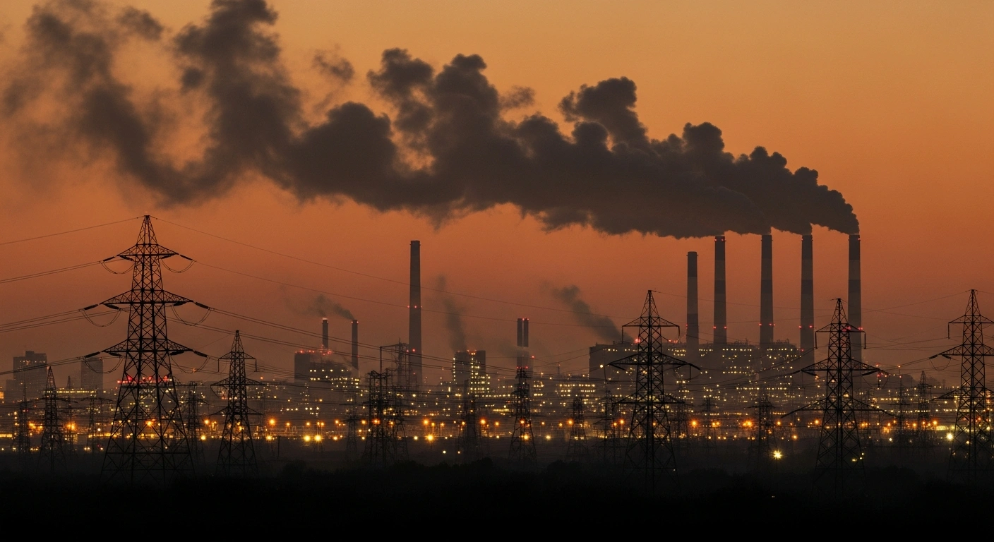 Industrial smokestacks release emissions into the sky above a power grid, representing the rise in carbon emissions in China during early 2026.