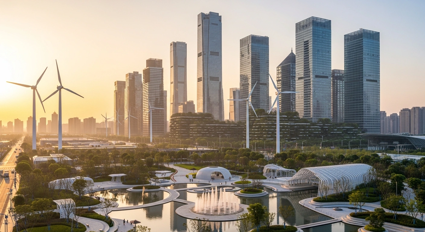 A futuristic Chinese city at dawn, featuring sleek skyscrapers with vertical gardens, wind turbines, and a tranquil park with clean water, symbolizing China's commitment to low-carbon development and environmental protection.