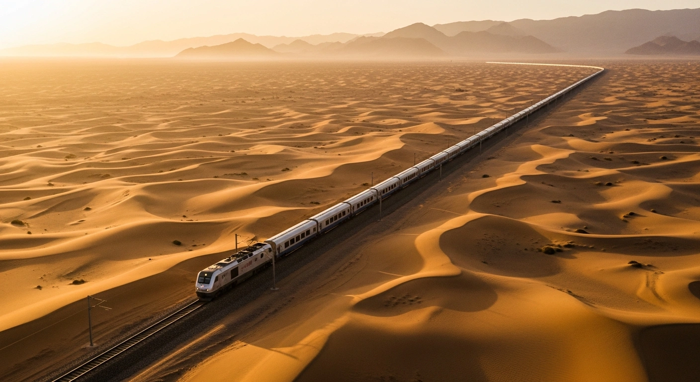 A modern, long cargo train, symbolizing the record-breaking trade volume of $106.3 billion between China and Central Asian nations, traverses a vast, sunlit desert landscape at dawn, representing the success of the Belt and Road Initiative and enhanced cooperation.