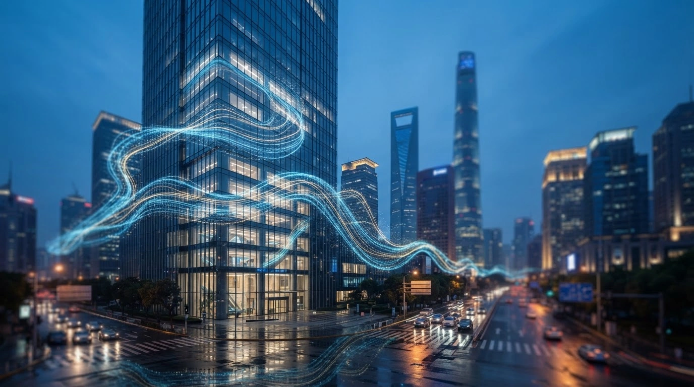 A modern financial district in Shanghai represents the People's Bank of China's strategic shift toward a new 7-day reverse repurchase agreement rate for improved monetary policy.
