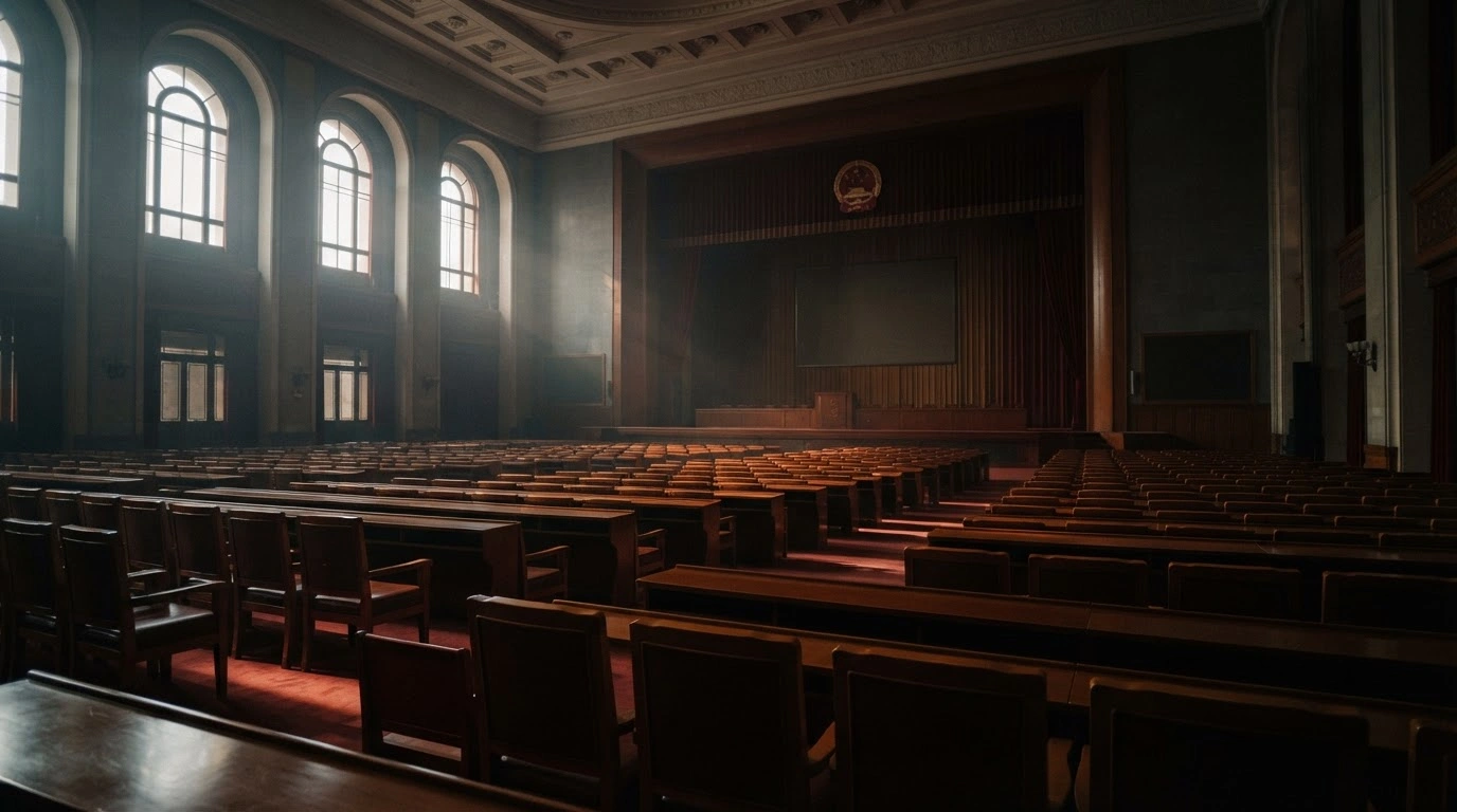 The interior of a grand auditorium in Beijing where the 20th Central Committee of the Communist Party of China is holding its fifth plenary session to discuss national governance and strategic planning.