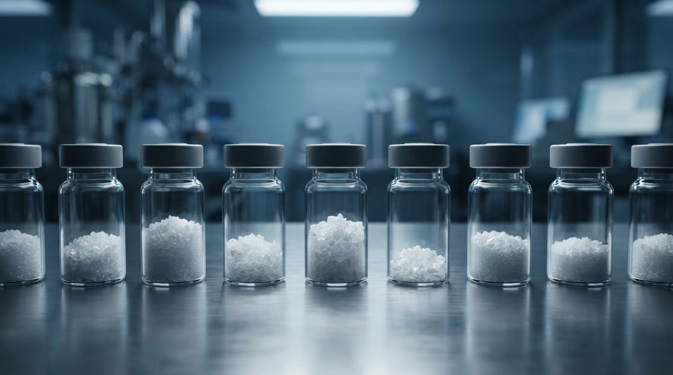 Glass vials containing chemical precursors sit on a laboratory table as part of new Chinese export controls on substances used in synthetic drug production.