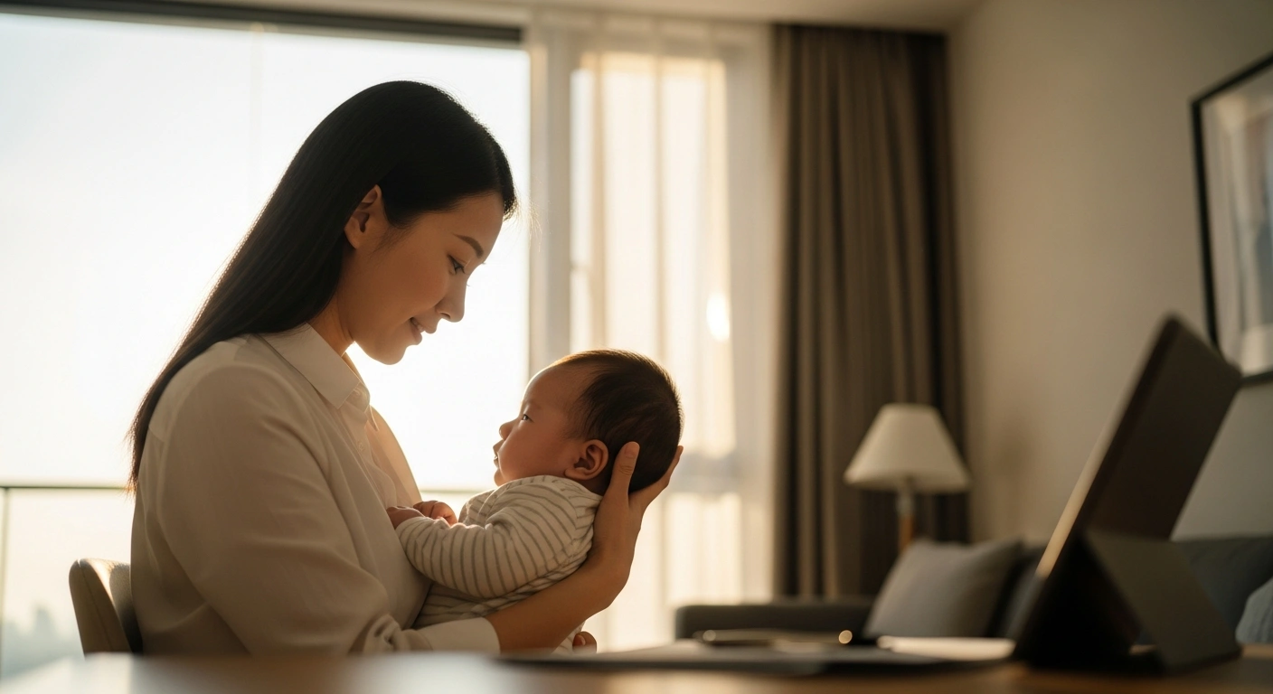 A young Chinese mother gently cradles her infant in a softly lit apartment, symbolizing the financial relief and hope provided by China's 2026 nationwide childcare subsidy program, which offers 3,600 yuan annually per child under three to boost the birth rate.