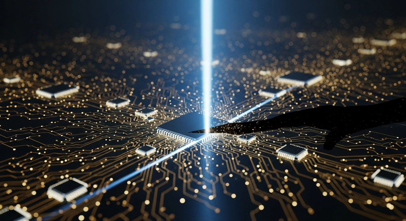 A detailed macro view shows a glowing, interconnected network of microchips and golden circuitry, with a dark shadow cutting across a vital junction, representing the disruption to the global semiconductor supply chain following international legal interventions and calls for stability.
