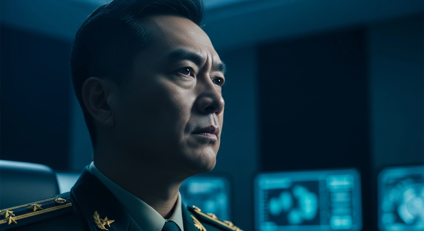 A stern-faced Chinese military officer, dramatically lit, stands in a high-tech command center, symbolizing China's resolve against foreign espionage and the CIA's recruitment campaign.