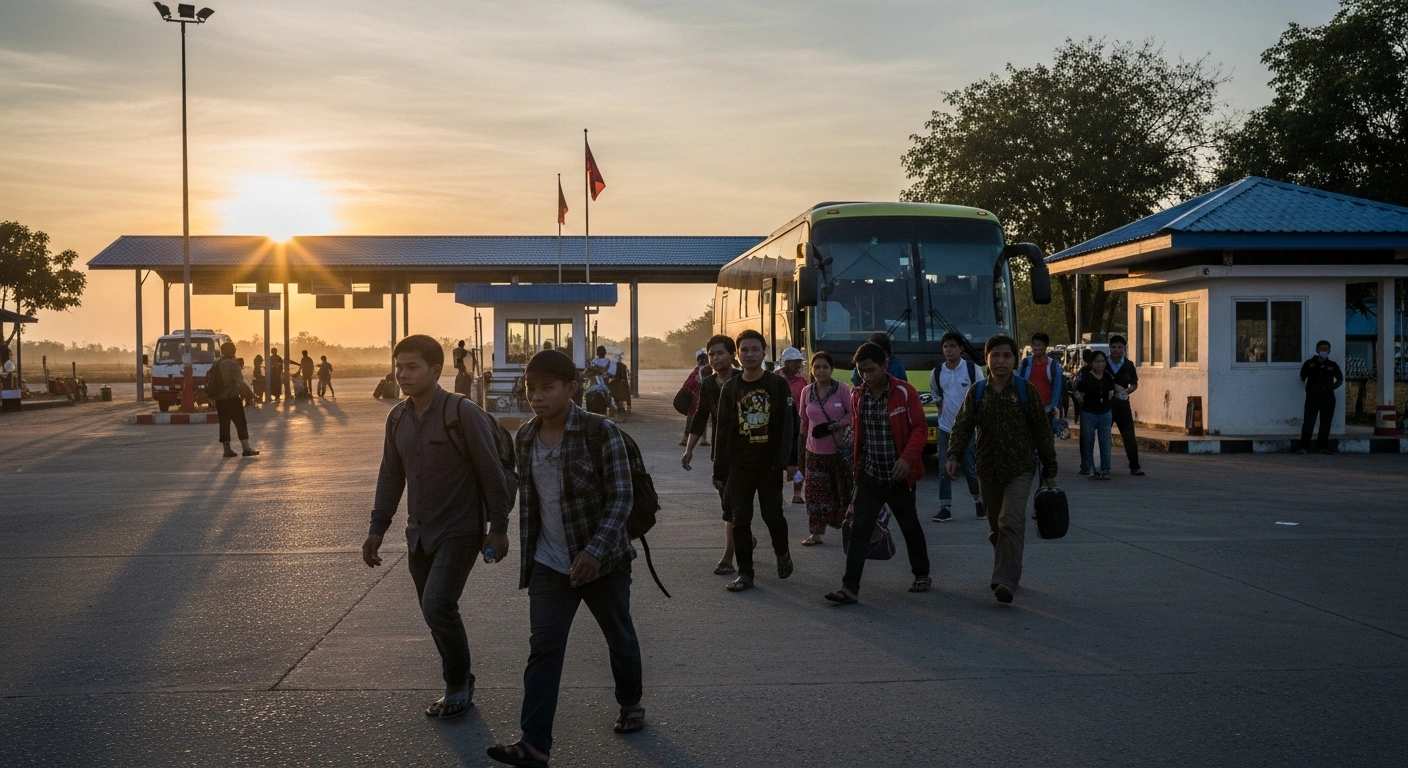 A group of Chinese citizens, looking weary but relieved, walk towards a waiting bus at a dusty border checkpoint during golden hour, symbolizing their repatriation from Mae Sot, Thailand, after escaping the notorious KK Park scam compound in Myawaddy, Myanmar.