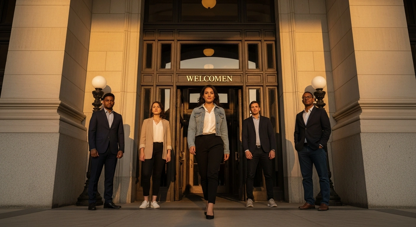 A diverse group of individuals stands confidently in warm sunlight before a grand government building, symbolizing new opportunities in China's civil service after the elimination of chronic disease exclusions.