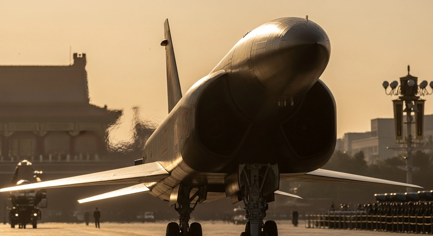 A low-angle, back-lit photograph showcasing the sleek, dark metallic silhouette of China's new CJ-1000 hypersonic missile, featuring its scramjet engine design, against a blurred backdrop of Beijing's parade grounds at sunset.