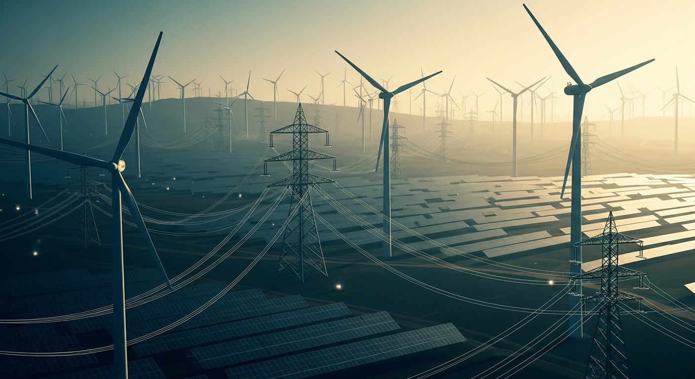 A vast landscape featuring wind turbines and solar panels represents China's new-type energy system and clean-energy infrastructure development.