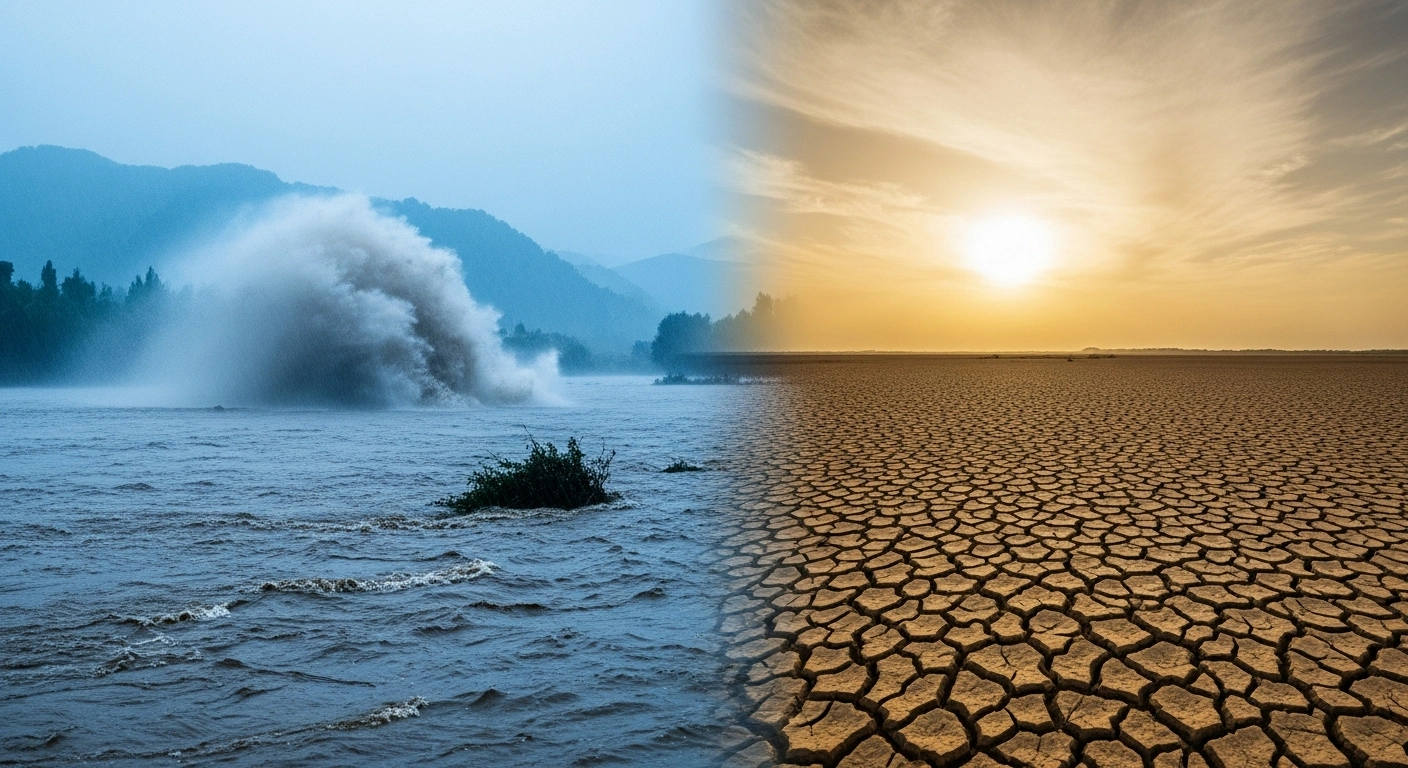 A split-screen view shows a flooded river in southern China alongside a drought-stricken, cracked landscape in the north, reflecting the 2026 climate warnings.
