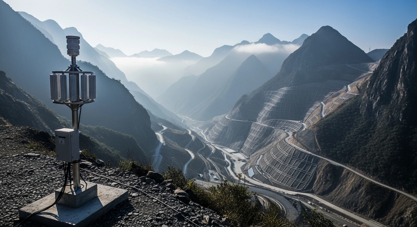 A modern sensor array stands on a mountainous ridge in China as part of a new national initiative to monitor and prevent climate-induced geological hazards like landslides.