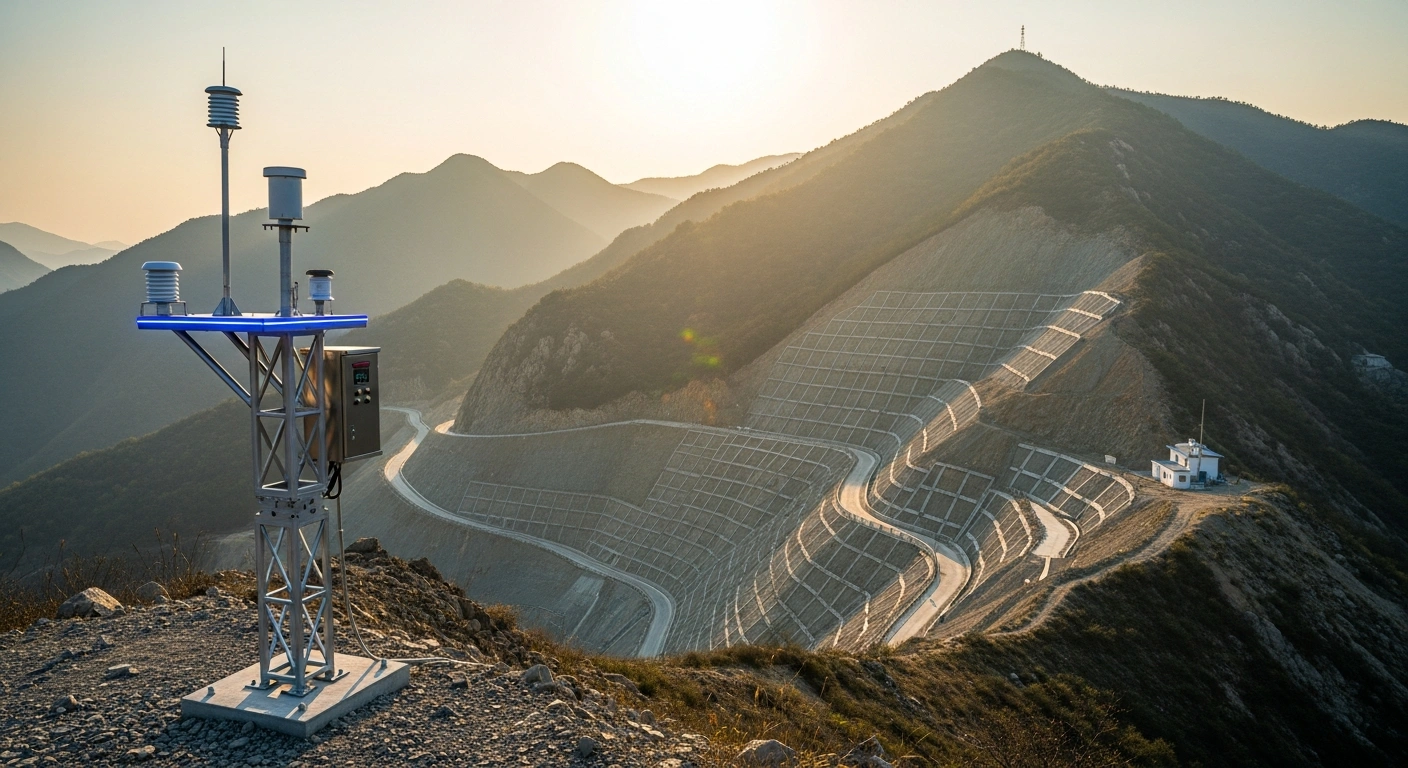 A high-tech monitoring station stands on a Chinese mountainside as part of a new government initiative to prevent climate-induced geological disasters like landslides.