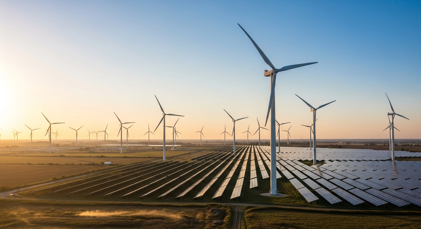 A wide shot at golden hour shows a landscape transitioning from a subtle industrial haze to a future of clean energy, with colossal wind turbines and shimmering solar panel arrays dominating the midground, symbolizing China's new climate goals to cut greenhouse gas emissions and boost non-fossil fuel sources.